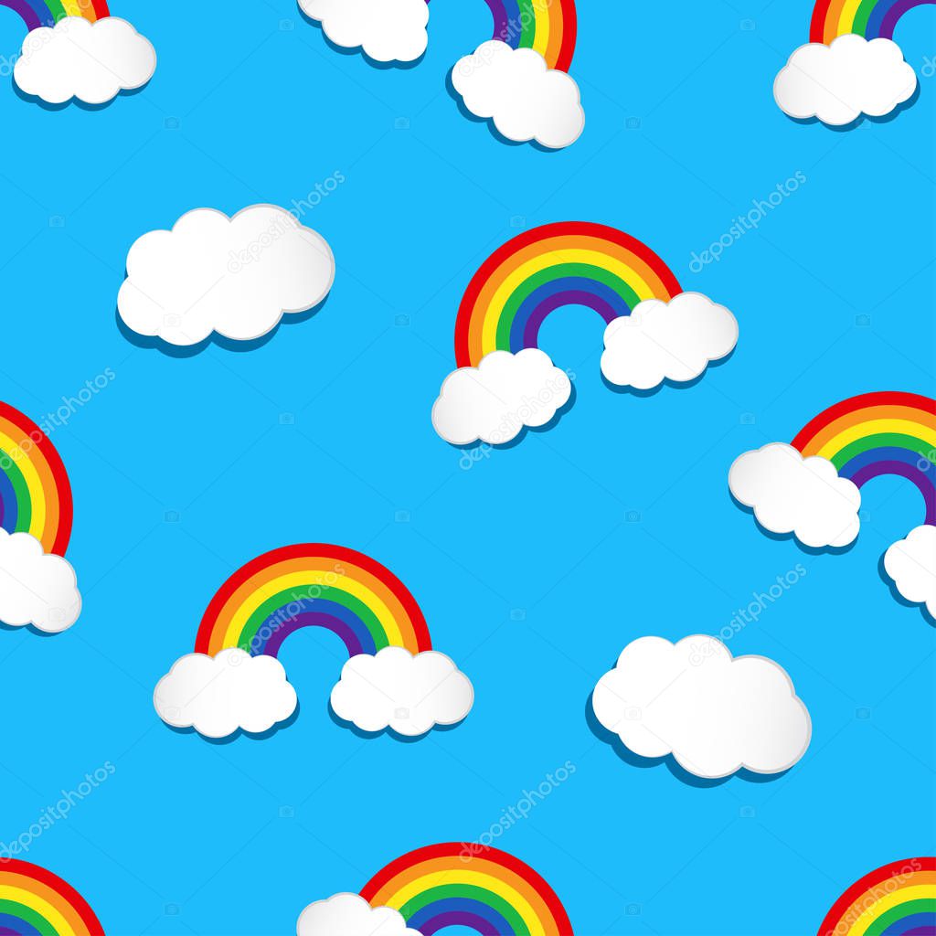 Seamless pattern with rainbow and clouds on blue background. Vector illustration