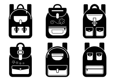 Siyah ve beyaz sırt çantaları, vektör çizim ayarla