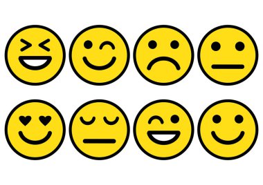 Sarı suratlar ifadeler simgesi olumlu, tarafsız ve negatif, farklı ruh hali. Vektör çizim