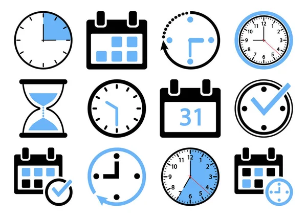 Set Time Management Ikonok Kék Fekete Színekben Vektoros Illusztráció — Stock Vector