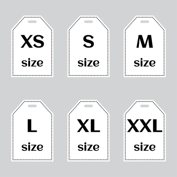 Set Icone Etichette Abbigliamento Dimensioni Sfondo Grigio Silhouette Bianca Con — Vettoriale Stock
