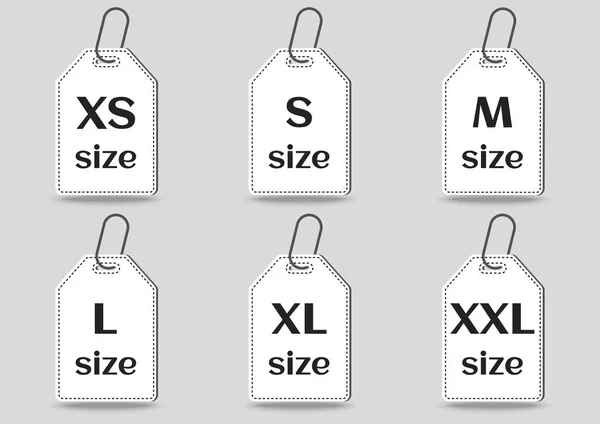 Ensemble Icônes Étiquettes Vêtements Taille Sur Fond Gris Silhouette Blanche — Image vectorielle