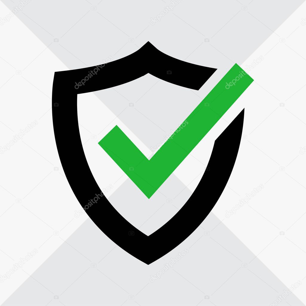 Shield with check mark, approved icon. Black and green colors. Vector illustration