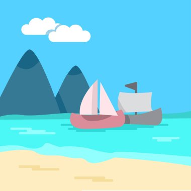 Deniz manzarası. Renkli arka plan - deniz, kumlu kıyı, dağlar, gemi. Vektör çizim