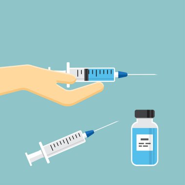 Enjeksiyon, şırınga ile el, tıp şişe mavi aşı için boş şırınga. Vektör çizim