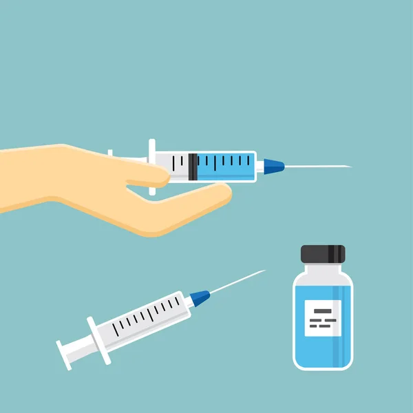 Άδειο Σύριγγα Για Ένεση Σύριγγα Μπλε Εμβόλιο Στο Χέρι Φιαλίδιο — Διανυσματικό Αρχείο