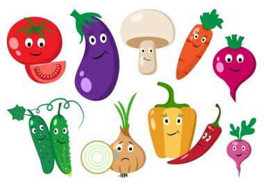 Set of vegetables. Cartoon vegetables with emotions. Vector illustration clipart