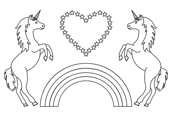 虹と星と心とカップル ユニコーン 子供のための着色のページ ベクトル図 — ストックベクタ
