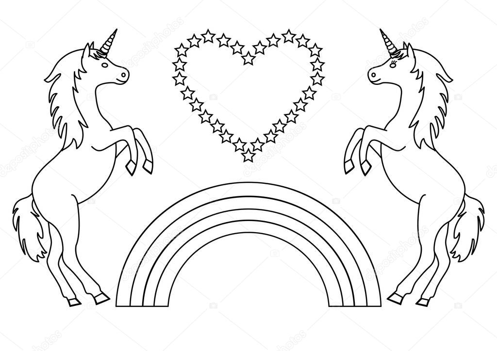 Couple unicorns with rainbow and heart with stars. Coloring page for children. Vector illustration.