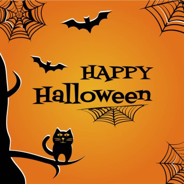 Kara kedi, yarasalar, örümcek ağı ve yazıt mutlu Cadılar Bayramı Cadılar Bayramı arka plan. Vektör çizim.