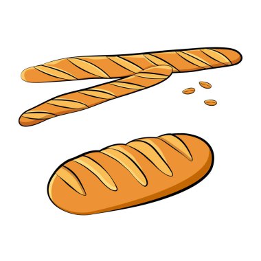 Baget ekmek, ekmek ve buğday taneleri. Vektör çizim