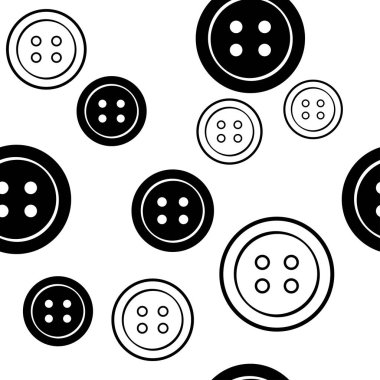 Beyaz arka planda siyah beyaz yuvarlak giyim düğmeleri ile Seamless modeli. Düğmeleri düz ve anahat tasarımı. Vektör çizim