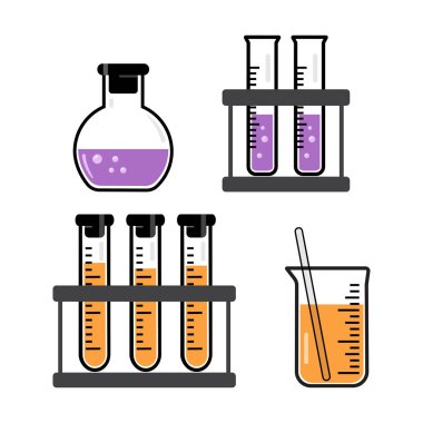 Kimyasal damarları ve mor ve turuncu sıvı ile şişe. Vektör çizim