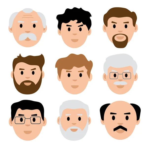 Plochý Soubor Mladých Starých Mužů Avatar Vektorové Ilustrace — Stockový vektor