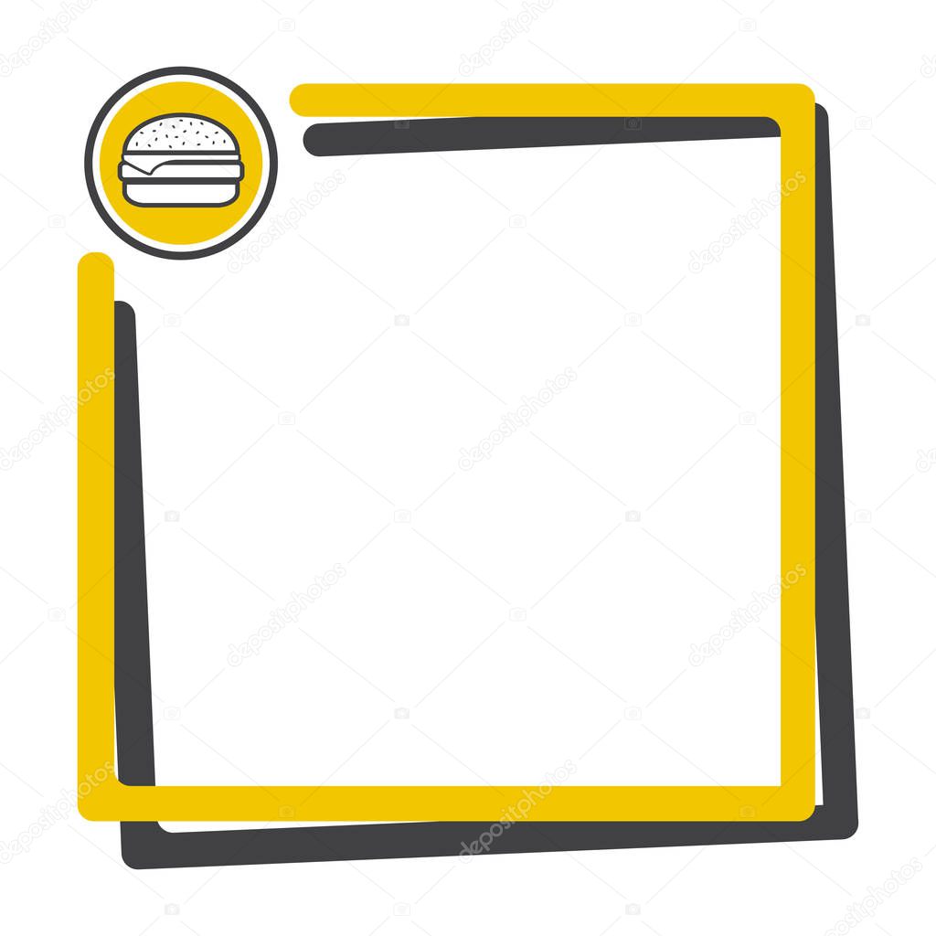 Text box with button of cheeseburger. Fast food icon. Yellow and dark gray frame for your text. Vector illustration