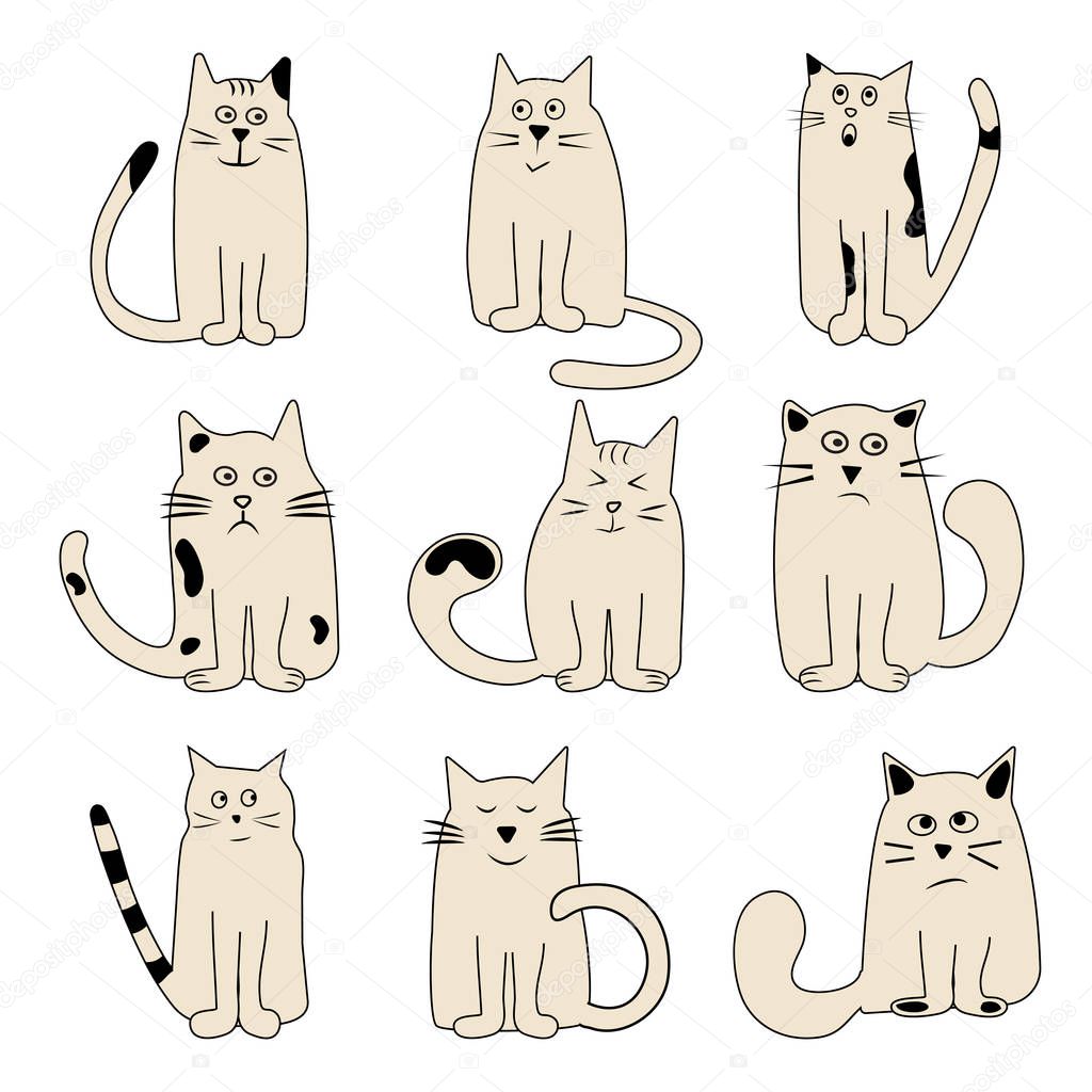 Colored set cartoon cats wits different emotions, vector illustration