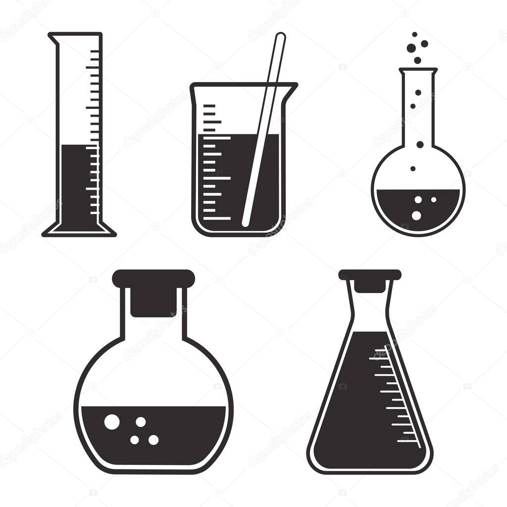 Black and white set chemical vessels. Vector illustration