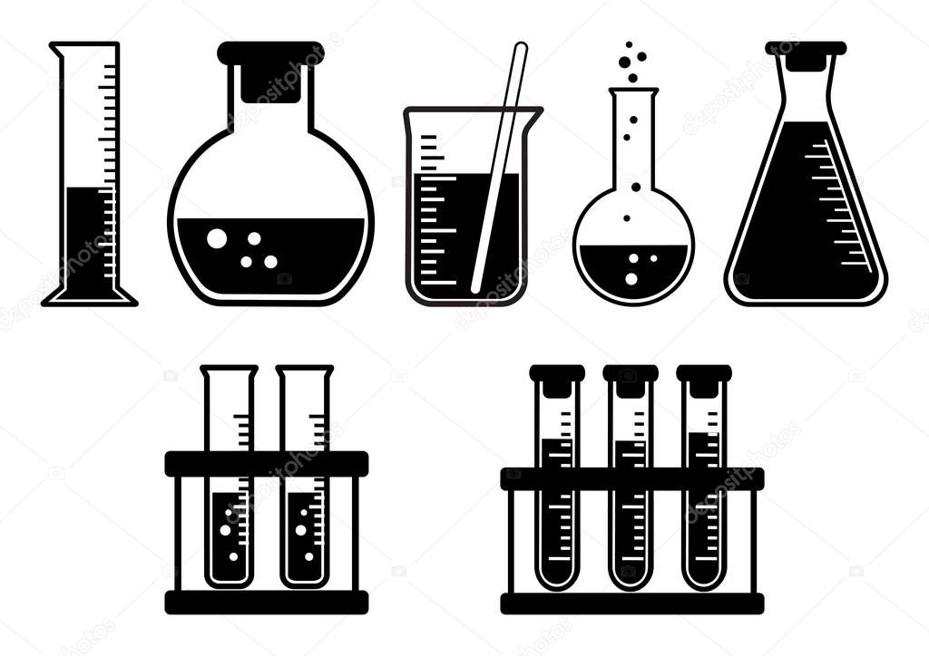 Black and white set chemical vessels. Vector illustration