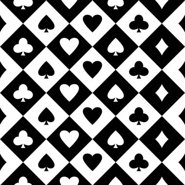 Takım elbise iskambil kartları ile sorunsuz arka plan siyah ve beyaz. Vektör çizim