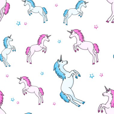 Dikişsiz desen tek boynuzlu at ve beyaz arka plan üzerinde yıldız ile mavi, pembe. Vektör çizim