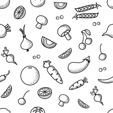 Sebze ile Seamless modeli. Siyah anahat tasarımı. Vektör çizim