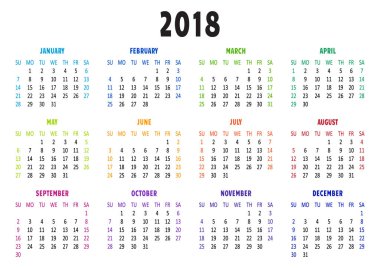 Takvim 2018, şablon. Hafta Pazar başlar. Vektör çizim