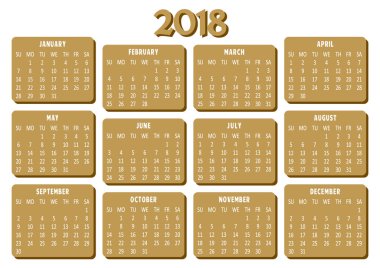 Takvim 2018, şablon. Hafta Pazar başlar. Vektör çizim