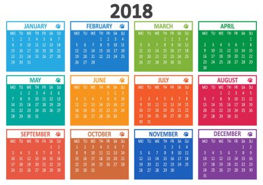 Takvim 2018, şablon. Hafta Pazartesi başlıyor. Vektör çizim