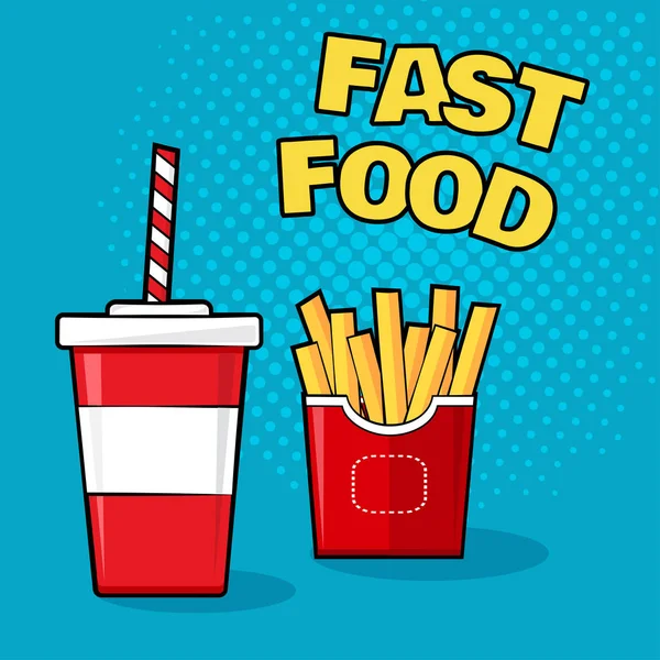 Fast Food Pohár Szóda Hasábburgonyával Kék Alapon Színes Vektoros Illusztráció — Stock Vector