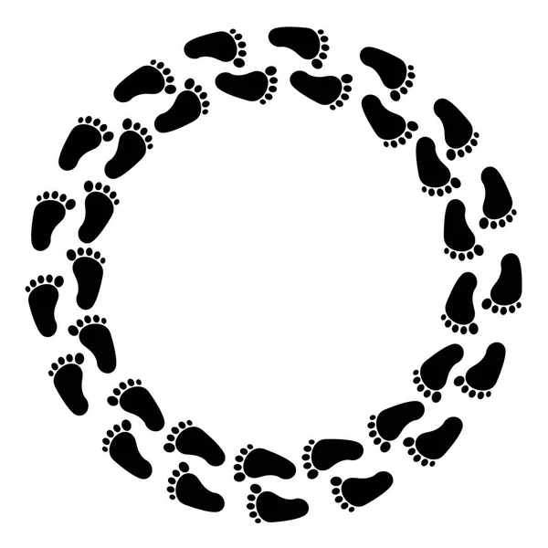 Huellas Negras Pies Humanos Marco Redondo Fondo Vectorial — Archivo Imágenes Vectoriales