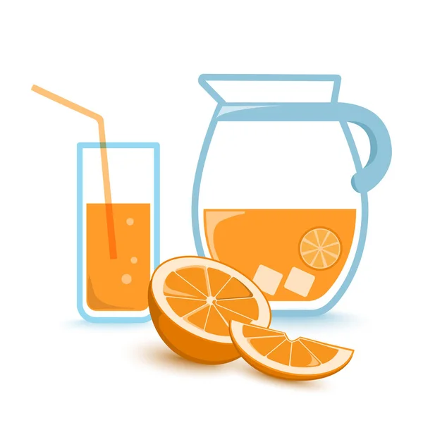 Orange Juice Glass Jug Half Orange Orange Slice Colored Vector — Stock Vector