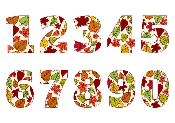 Isolierte Zahlen Von Bis Mit Hintergrund Aus Bunten Herbstblättern Vektorillustration — Stockvektor