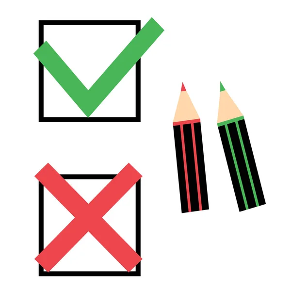 緑のチェック マークと つの鉛筆を赤十字 ベクトル図 — ストックベクタ