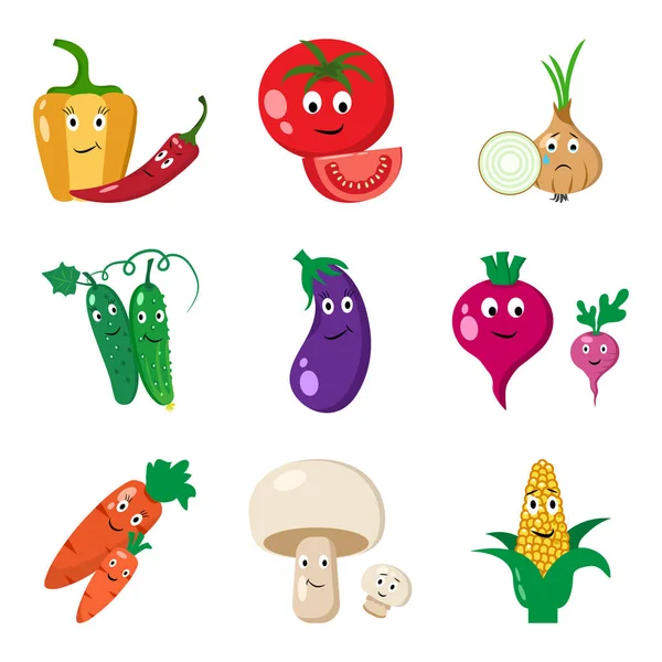 Conjunto Vegetais Legumes Desenhos Animados Com Emoções Ilustração Vetorial Colorida —  Vetores de Stock