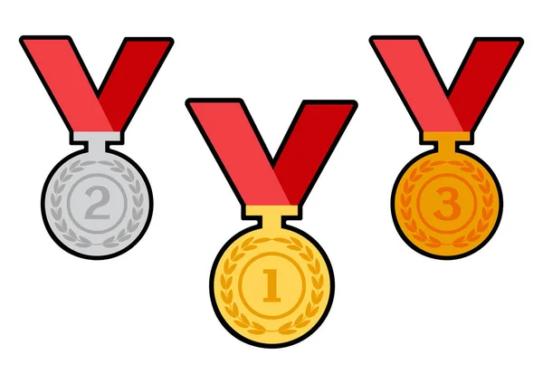 Conjunto Medallas Premio Con Cintas Rojas Ilustración Vectorial — Archivo Imágenes Vectoriales