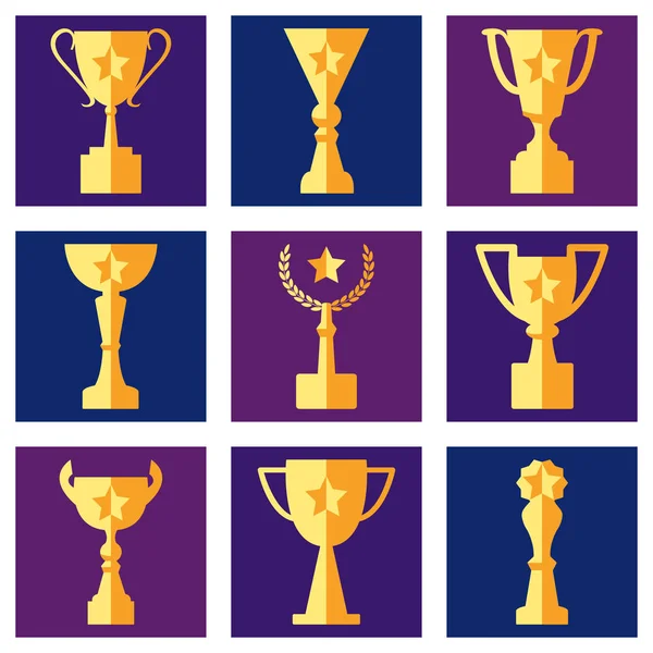 Awards Kopjes Een Gekleurde Achtergrond Plat Pictogrammen Vector Set — Stockvector