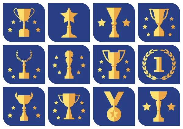 Awards Cups Blue Background Flat Icons Vector Set — Stock Vector