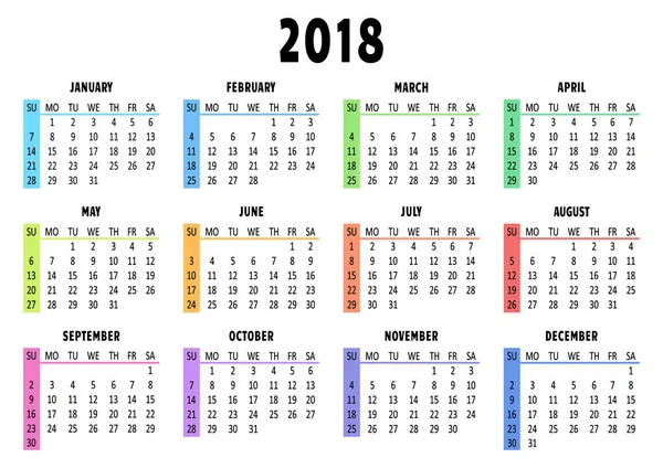 Kalender 2018 Sjabloon Week Begint Zondag Vectorillustratie — Stockvector