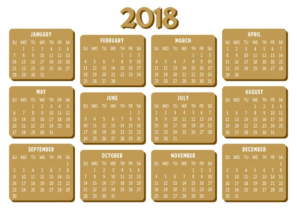 Calendario 2018 Modello Settimana Inizia Domenica Illustrazione Vettoriale — Vettoriale Stock