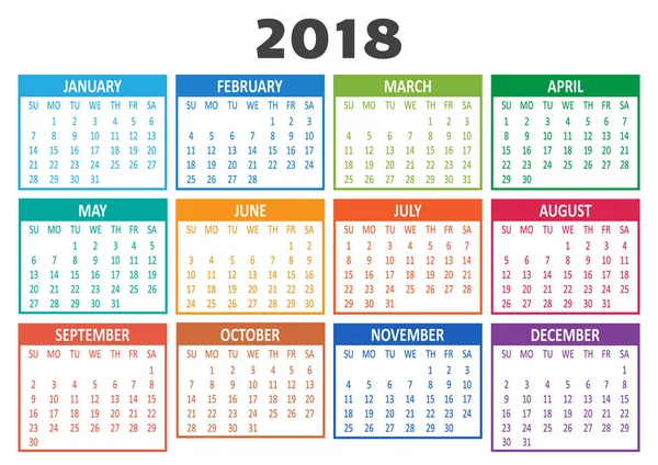 Calendario 2018 Settimana Inizia Domenica Illustrazione Vettoriale — Vettoriale Stock
