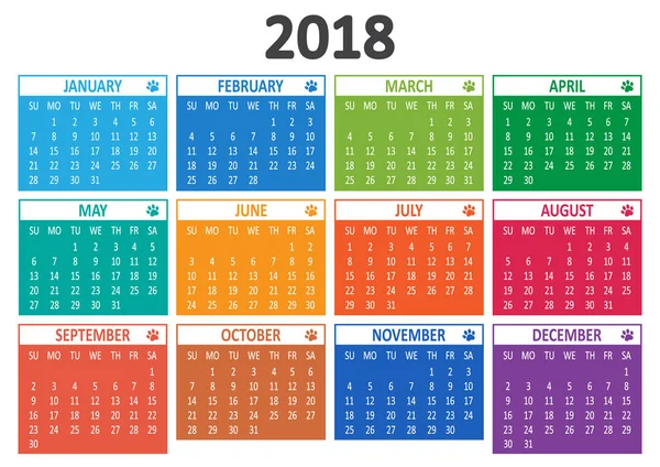 Calendario 2018 Modello Settimana Inizia Domenica Illustrazione Vettoriale — Vettoriale Stock
