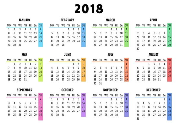 Calendario 2018 Modello Settimana Inizia Lunedì Illustrazione Vettoriale — Vettoriale Stock