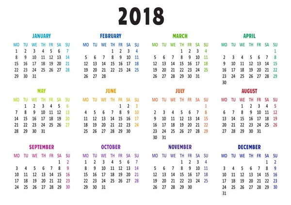 Calendario 2018 Modello Settimana Inizia Lunedì Illustrazione Vettoriale — Vettoriale Stock