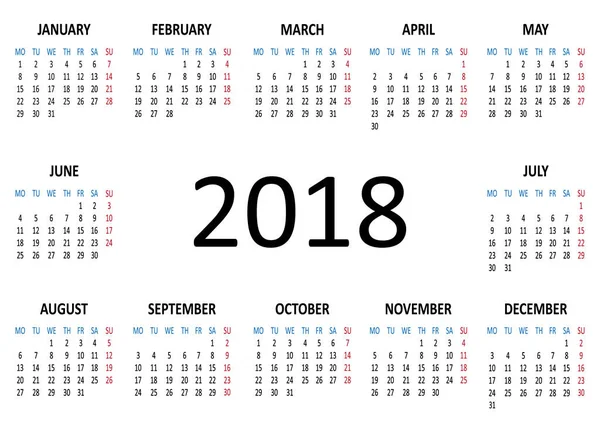 Calendario 2018 Modello Settimana Inizia Lunedì Illustrazione Vettoriale — Vettoriale Stock