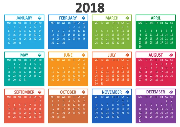 Calendario 2018 Modello Settimana Inizia Lunedì Illustrazione Vettoriale — Vettoriale Stock