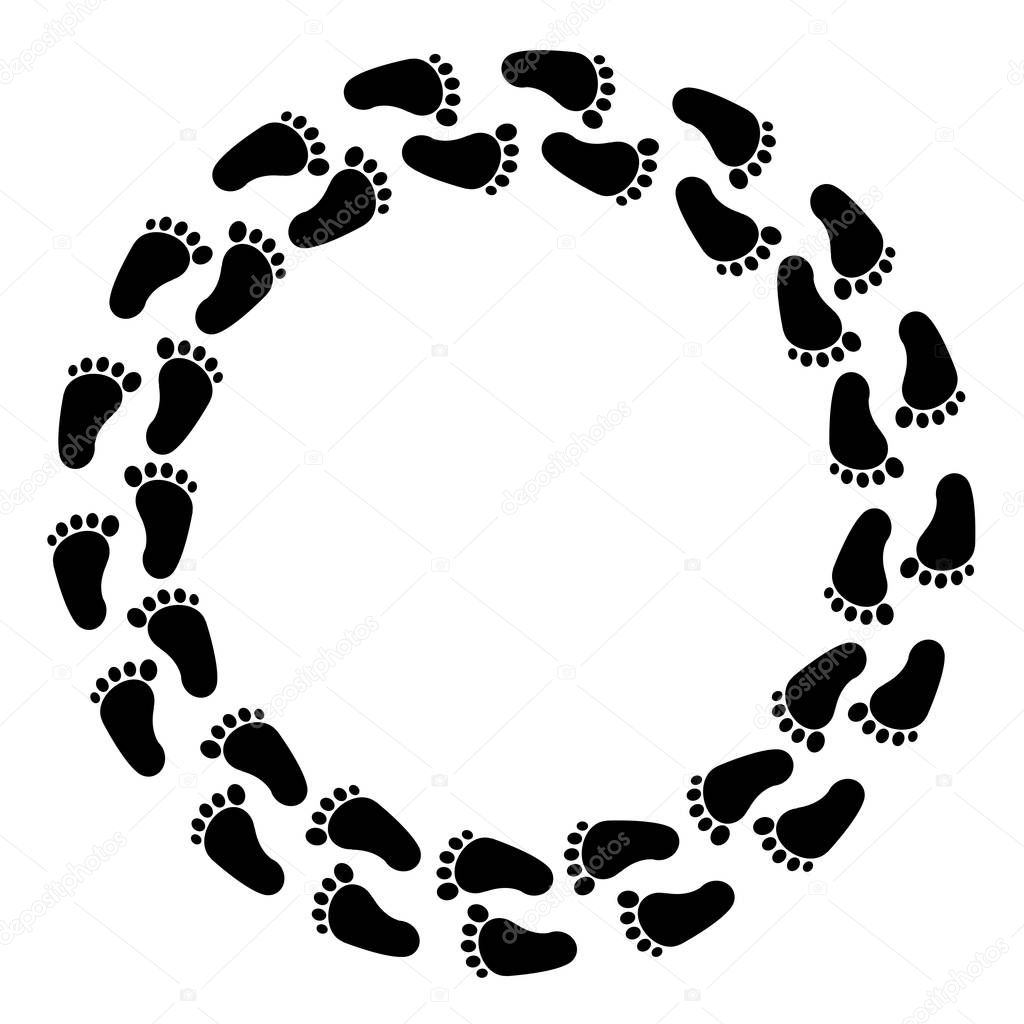 Black traces of human feet, round frame. Vector background