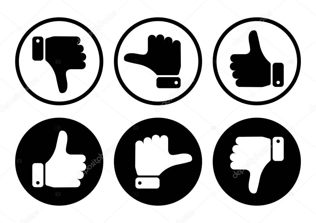 Hand with the thumb in black and white buttons. Vector illustration.