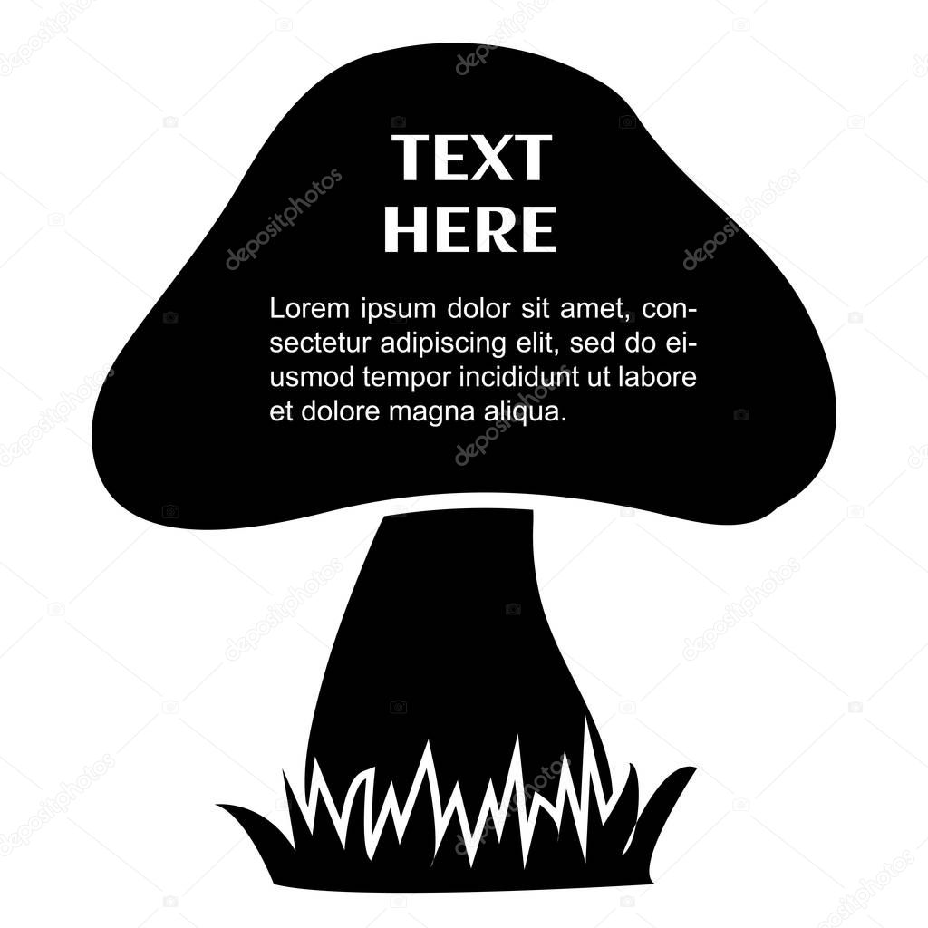 Mushroom sign icon. Mushroom in the grass - place for your text. Black and white design. Vector illustration.