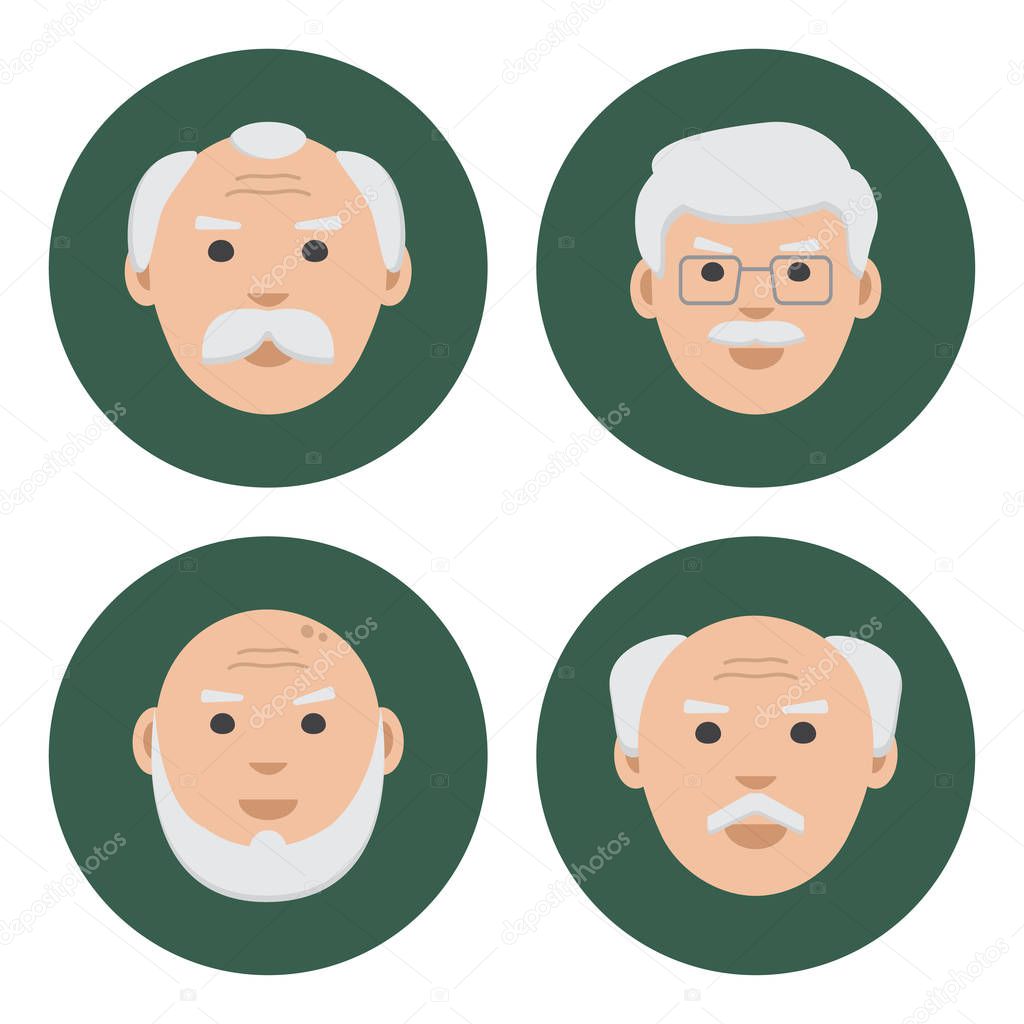 Colored set of old men on green background, flat icons, vector illustration