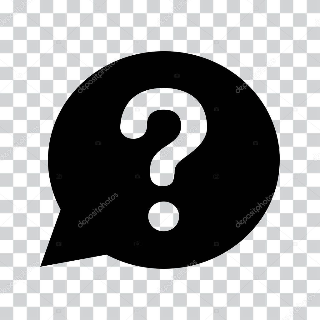 Question mark sign in black speech balloon. Help icon on a transparent background. Vector illustration